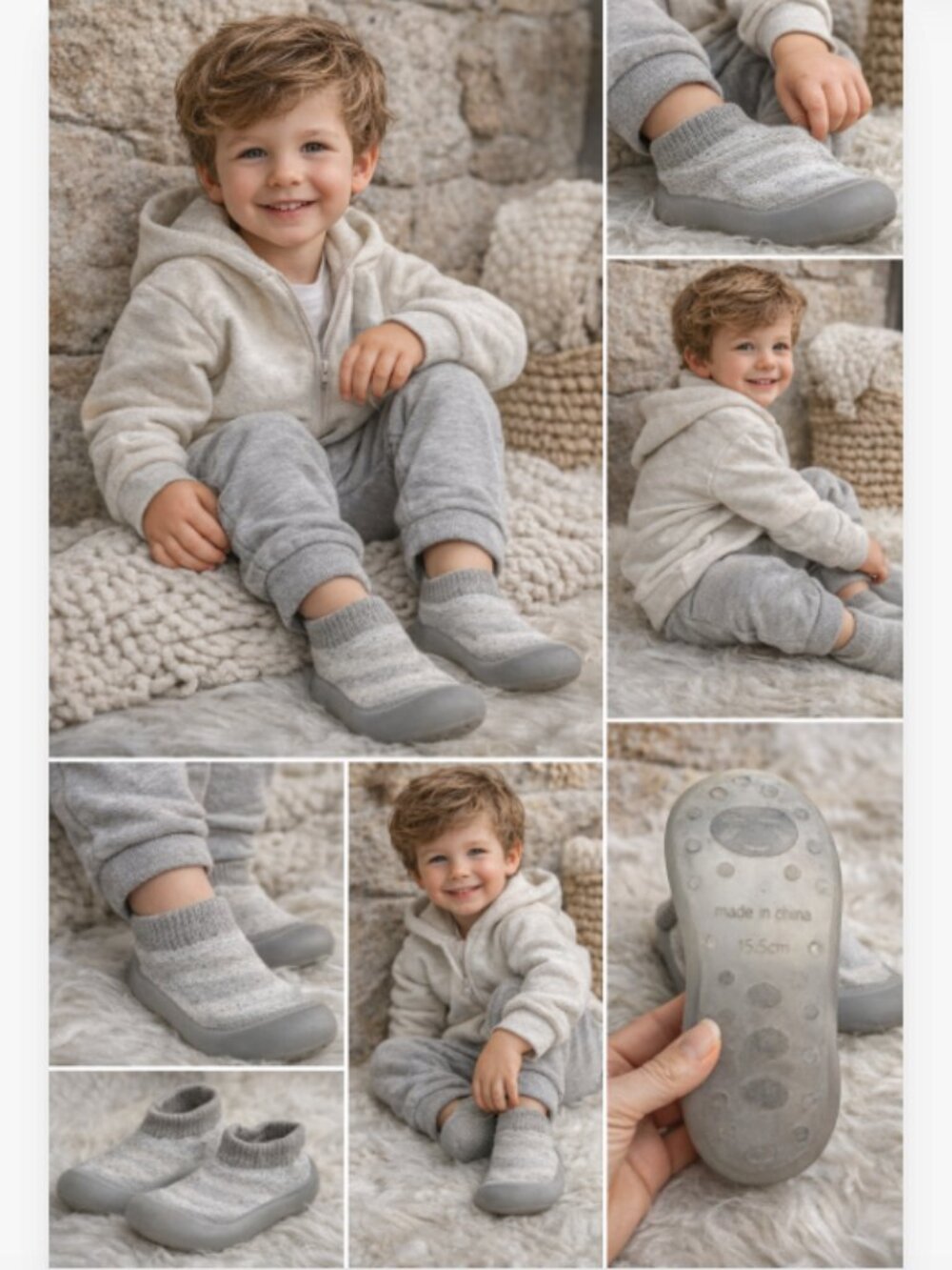 Kids Soft Knit Slip-On Sock Shoes Gray Anti-Slip Rubber Sole Size 15 cm